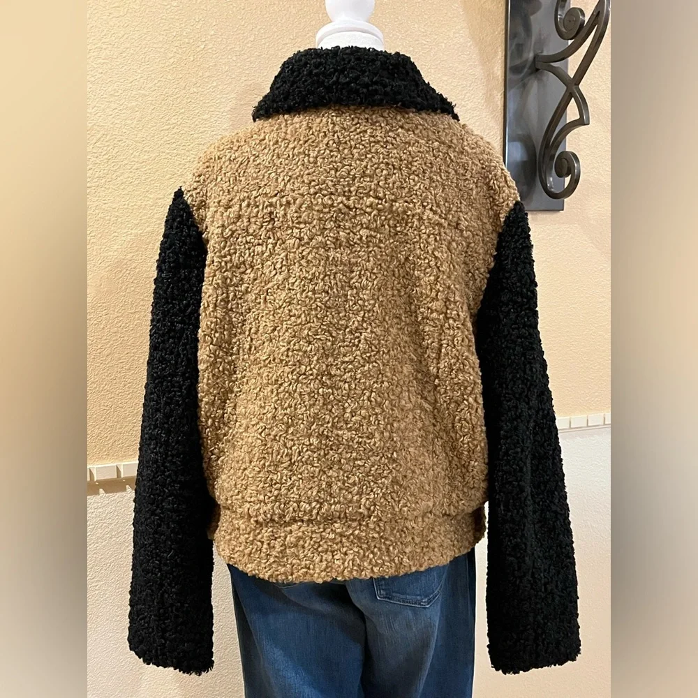 Nine West Sherpa bomber jacket in tan & black w/ asymmetrical zipper. XL - Picture 6 of 13